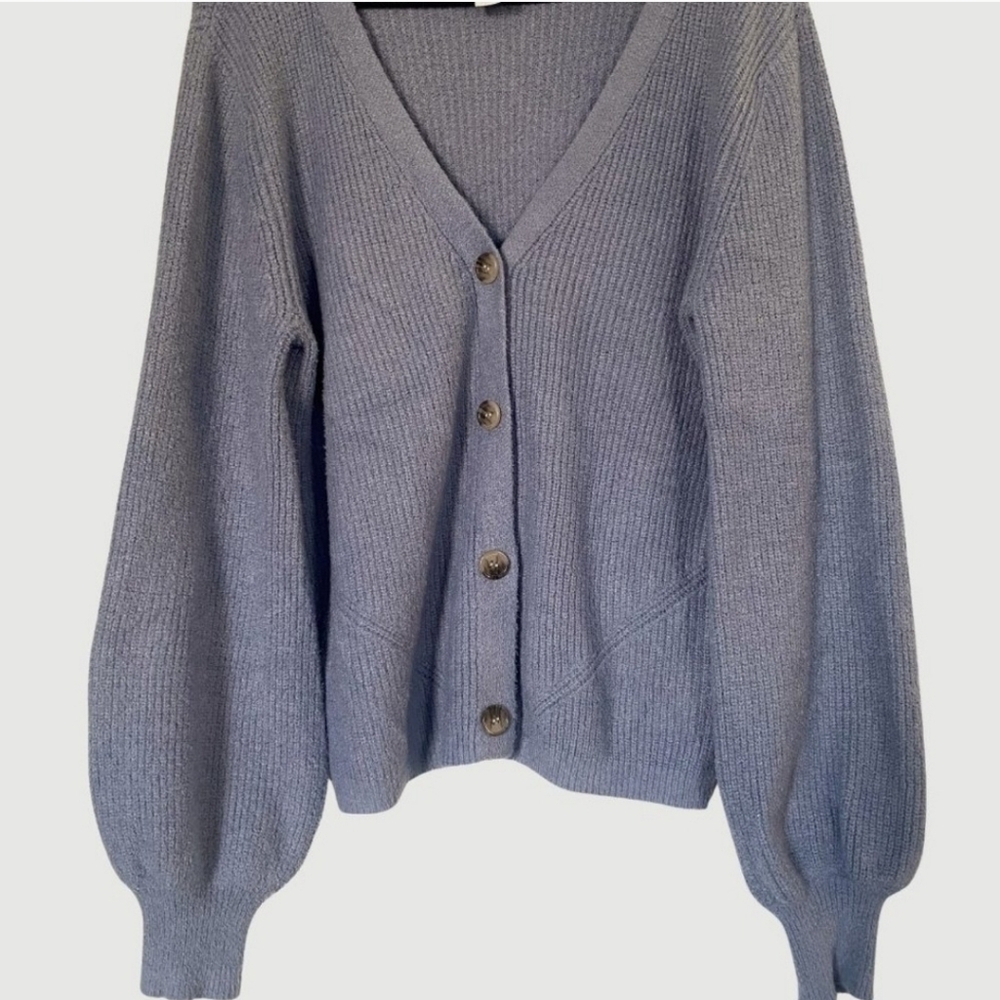 Anthro Joie Light Blue Lavender Button Up Cardigan Sweater Balloon Sleeves Sz S